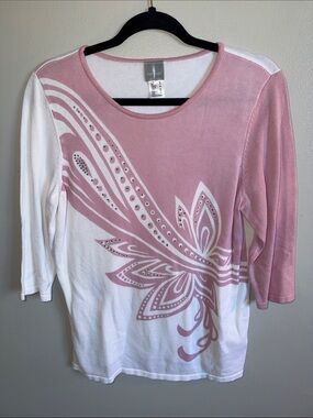 Fair Lady Pink & White Floral-Print Long Sleeve Crewneck Top with Rinestones
